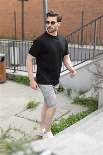 Siyah %100 Pamuklu Bisiklet Yaka Şort Tişört Takım E7359