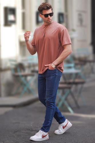 Gül Kurusu Erkek Çizgili Oversize Tişört 6198