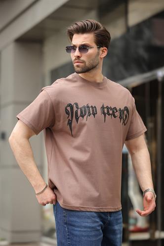 Kahverengi Baskılı %100 Pamuk Erkek T-shirt E7141
