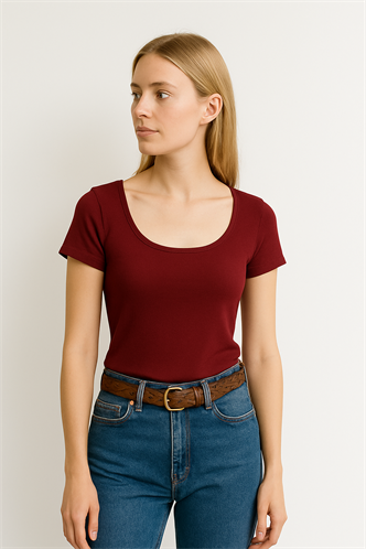 Madmext Bordo Geniş Yaka Kadın T-shirt Mg2341