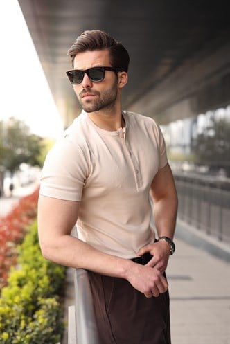 Bej Yarım Düğmeli Slim Fit Erkek Tişört E7186