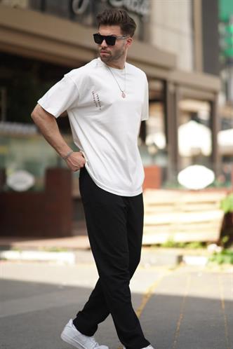 Ekru Bisiklet Yaka Baskılı Kısa Kollu Overfit Tişört 7036