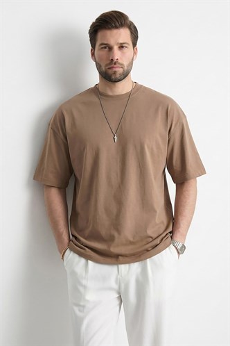 Erkek Kapuçino Oversize Fit Basic Tişört 6066