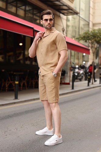 Vizon %100 Pamuklu Erkek Şort Gömlek Takım E7361