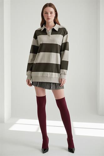 Mint Yeşili Çizgili Düğmeli Polo Yaka Kadın Uzun Kollu Tişört  MG2586