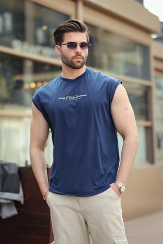  Madmext Lacivert Bisiklet Yaka Baskılı Erkek Tişört E7123