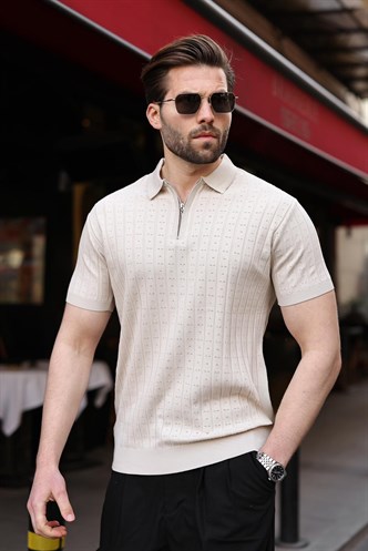 Taş Rengi Polo Yaka Slim Fit Triko Erkek Tişört E7465