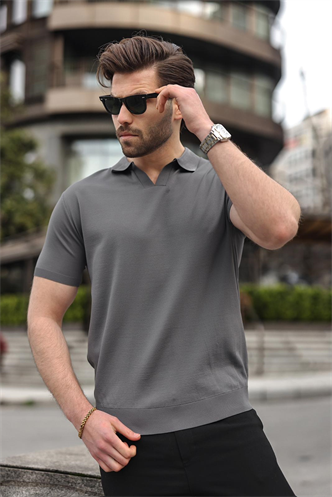 Antrasit Polo Yaka Triko Kısa Kollu Erkek Tişört E7463