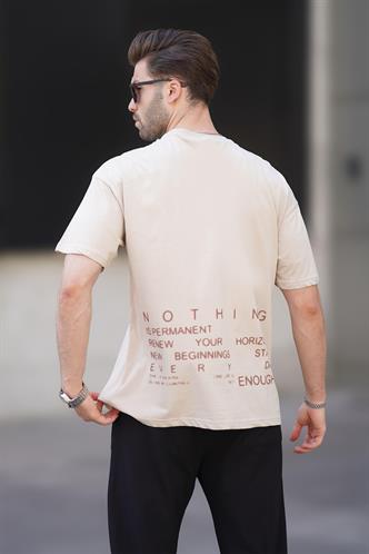 Bej Overfit Bisiklet Yaka Sırt Baskılı Kısa Kollu Erkek Tişört 7037