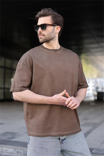 Kahverengi %100 Pamuklu Bisiklet Yaka Oversize Erkek Tişört E7177