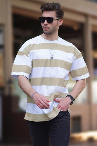 Bej Oversize Renk Bloklu Bisiklet Yaka Kısa Kollu Tişört 7030