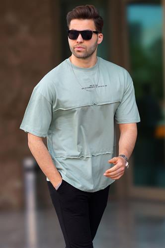 Çağla Yeşili Oversize Baskılı Bisiklet Yaka Tişört 7017