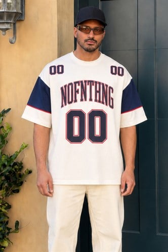 Ekru Baskılı Pamuklu Oversize Erkek T-shirt 7035