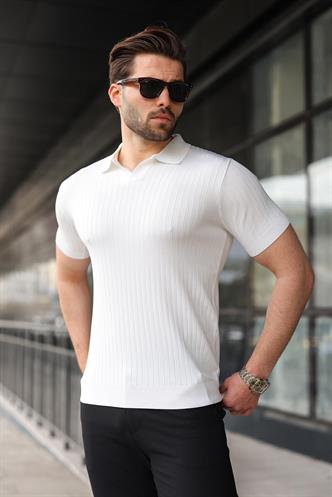 Beyaz Polo Yaka Triko Erkek Tişört E7461