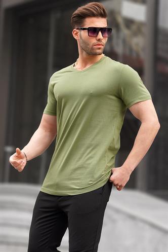 Madmext Basic V Yaka Yeşil Tişört 5281