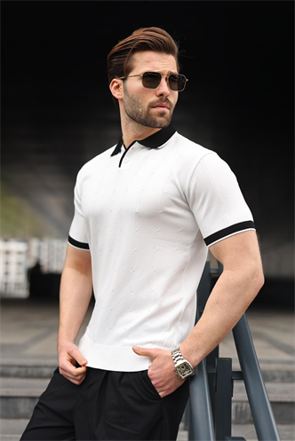Beyaz Polo Yaka Triko Erkek Tişört E7470