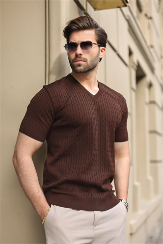Kahverengi V Yaka Kısa Kollu Triko Erkek Tişört E7467