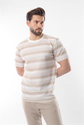 Bej Bisiklet Yaka Çizgili Erkek T-shirt E7118