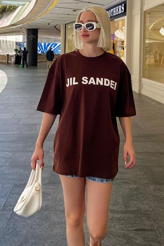 Acı Kahve Oversize Baskılı Bisiklet Yaka Kısa Kollu Tişört MG2126