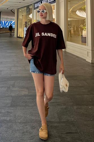 Acı Kahve Oversize Baskılı Bisiklet Yaka Kısa Kollu Tişört MG2126