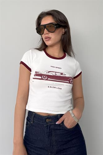 Beyaz Baskılı Fitilli Kadın Tişört Mg2449