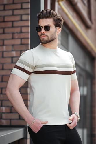 Taş Rengi Bisiklet Yaka Çizgili Erkek T-shirt E7412