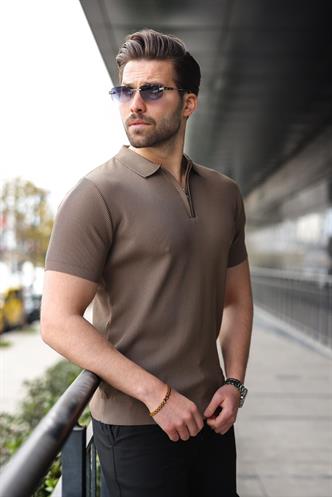 Açık Kahverengi Yarım Fermuarlı Polo Yaka Triko Erkek Tişört E7459