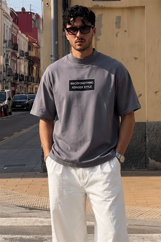 Füme Rengi Rengi Yalancı Dik Yaka Oversize Erkek Tişört 7005