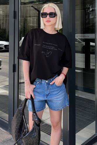 Siyah Oversize Kalp Baskılı Bisiklet Yaka Kısa Kollu Tişört MG2129