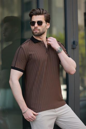 Kahverengi Desenli Polo Yaka Triko Erkek Tişört E7155