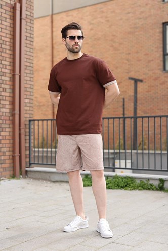 Acı Kahverengi %100 Pamuklu Bisiklet Yaka Şort Tişört Takım E7359