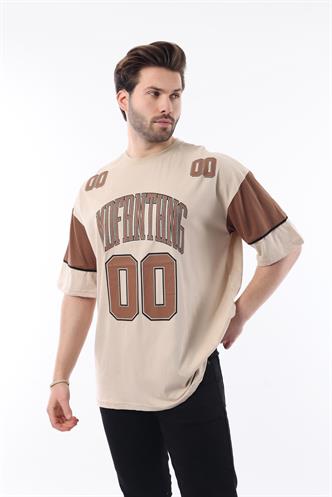 Bej Baskılı Pamuklu Oversize Erkek T-shirt 7035