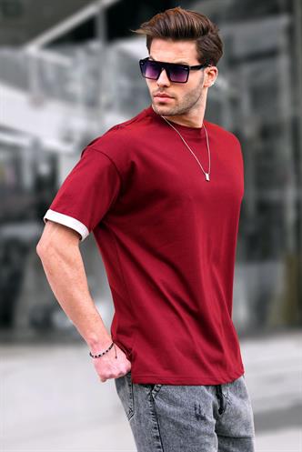 Bordo Oversize Bisiklet Yaka Tişört 6184