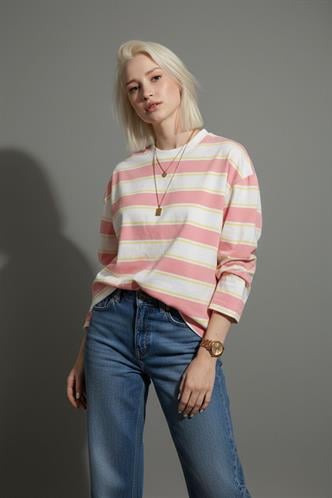 Pembe Bisiklet Yaka %100 Pamuklu Çizgili Uzun Kollu Tişört MG2362