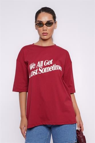 Bordo Baskılı Oversize Tişört MG1532