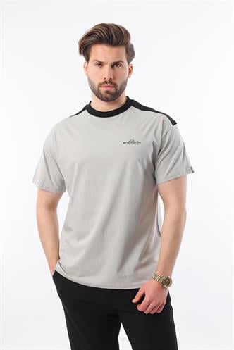 Madmext Boyalı Gri Bisiklet Yaka Baskılı Erkek Tişört E7114
