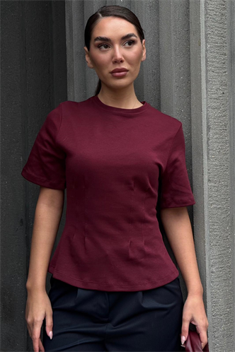 Bordo Kadın Bisiklet Yaka Belden Oturtmalı Basic Tişört MG2670