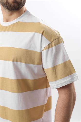 Bej Oversize Renk Bloklu Bisiklet Yaka Kısa Kollu Tişört 7030