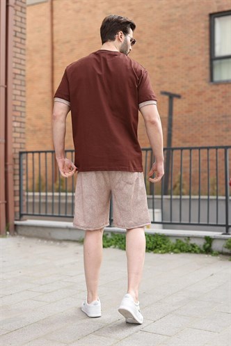 Acı Kahverengi %100 Pamuklu Bisiklet Yaka Şort Tişört Takım E7359