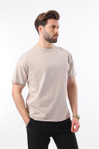  Madmext Bej Bisiklet Yaka Basic Erkek Tişört E7105