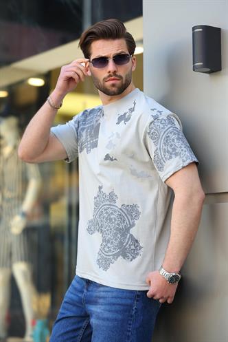 Boyalı Gri %100 Pamuklu Desenli Erkek Tişört E7142