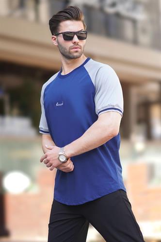 Lacivert Bisiklet Yaka Nakış Deyatlı Kısa Kollu Erkek Tişört 7013