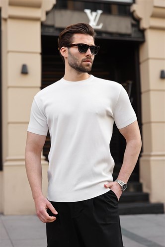 Beyaz Bisiklet Yaka Fitilli Erkek Tişört E7474