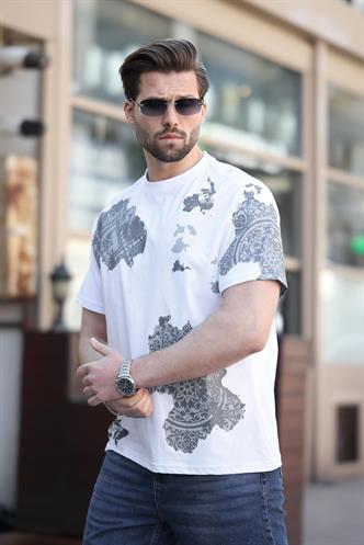 Beyaz %100 Pamuklu Desenli Erkek Tişört E7142