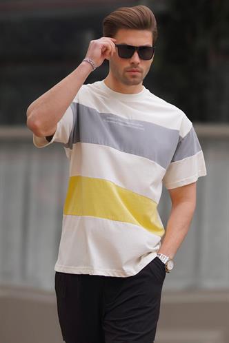 Sarı Oversize Renk Bloklu Bisiklet Yaka Baskılı Tişört 7025