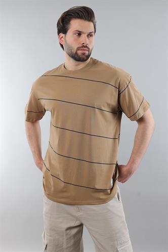 Kapuçino Bisiklet Yaka Basic Çizgili Erkek T-shirt E7102