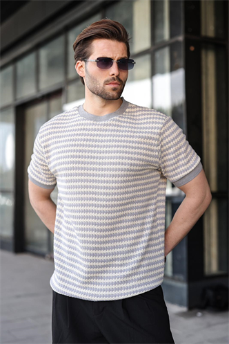 Boyalı Gri Jakarlı Bisiklet Yaka Erkek Tişört E7181