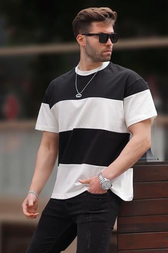 Siyah Oversize Renk Bloklu Bisiklet Yaka Tişört 7020