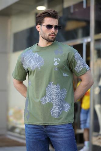 Haki %100 Pamuklu Desenli Erkek Tişört E7142