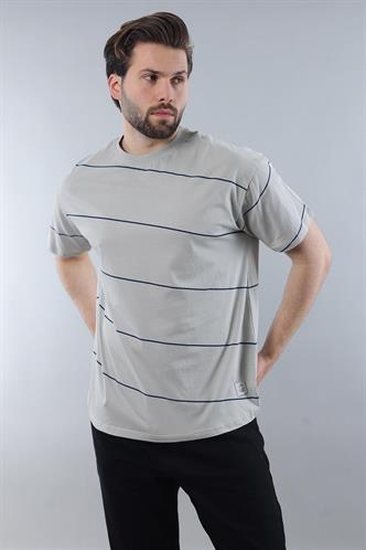 Boyalı Gri Bisiklet Yaka Basic Çizgili Erkek T-shirt E7102